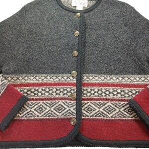 Tally Ho Wool Cardigan Sweater Geometric Fair Isle Red Grey Women PM